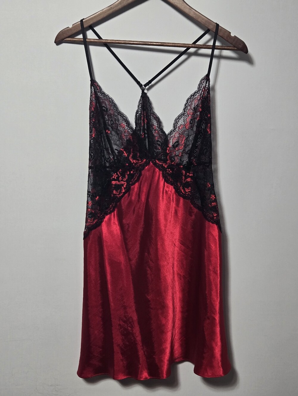 In Bloom by Jonquil Red Satin Chemise XL Black Lace Babydoll Nightgown Sleepwear
